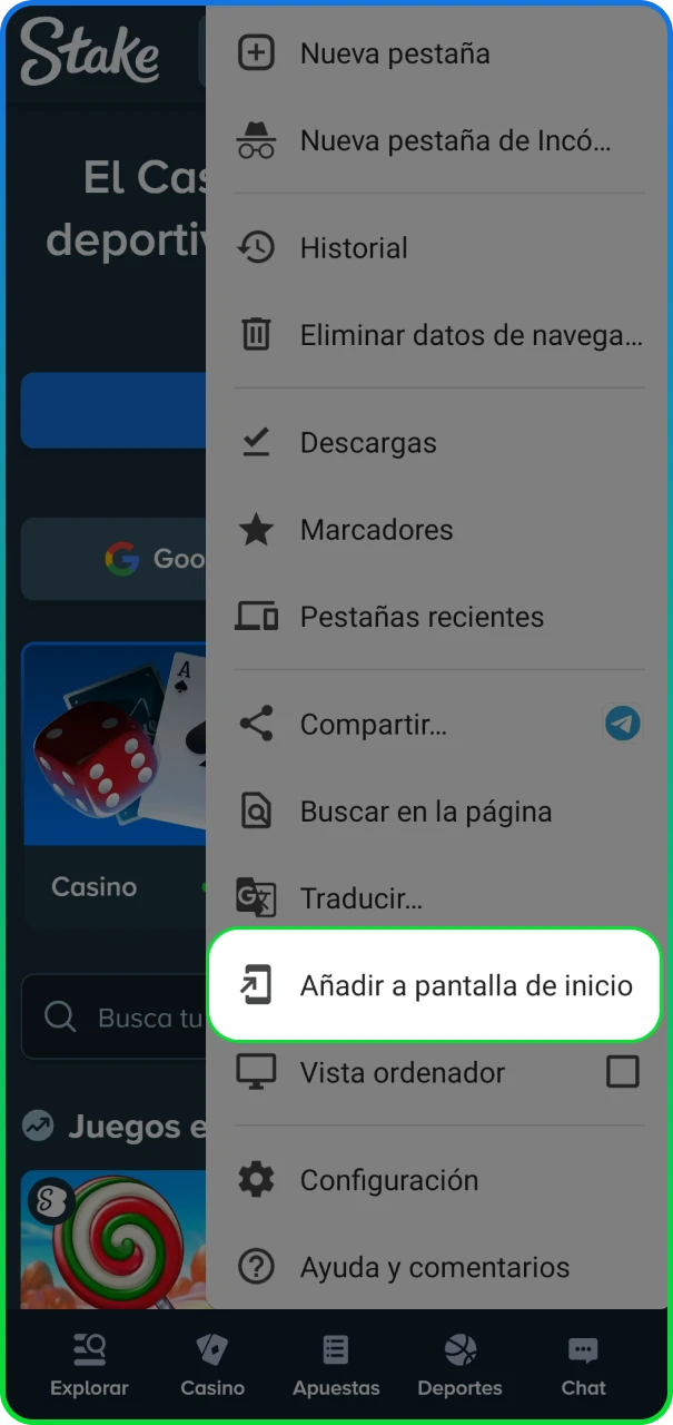 Creación del acceso directo de la aplicación en el sitio oficial de Stake Argentina.