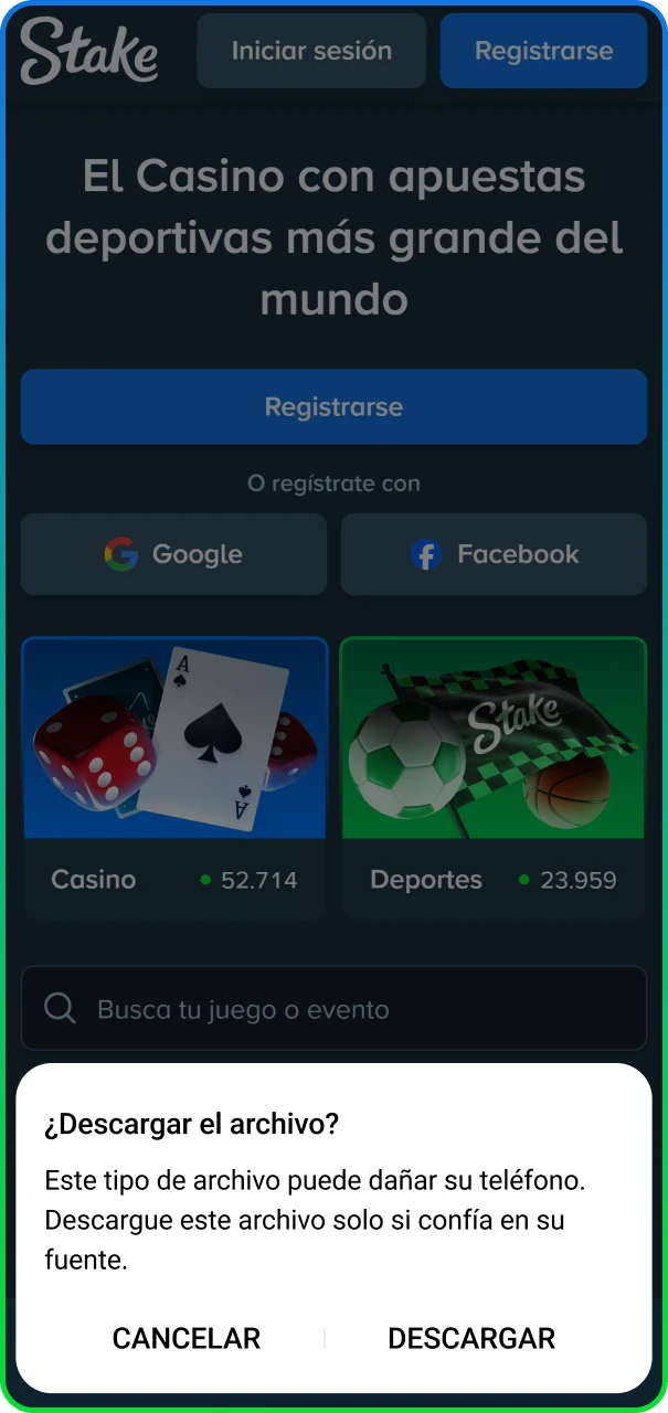 Configuración de permisos para la aplicación oficial de Stake en dispositivos Android.