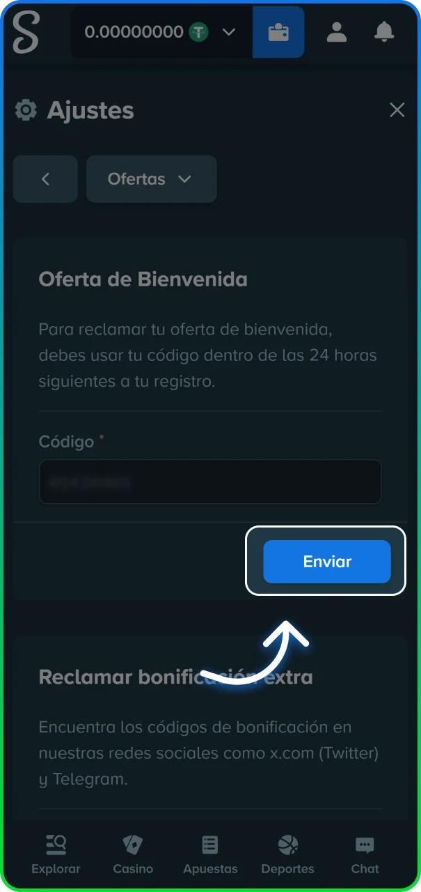 Validación final para recibir el crédito del bono en el sitio oficial de Stake.