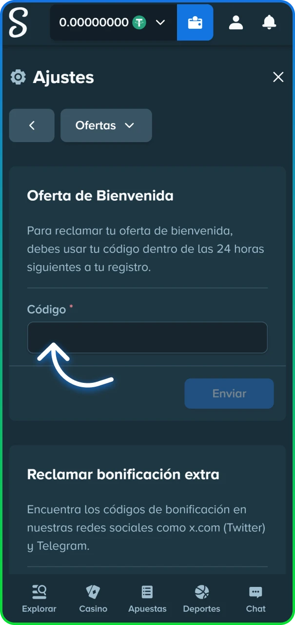 Campo de activación de códigos promocionales en el sitio oficial de Stake Argentina.