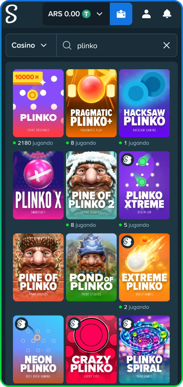 Localización de Plinko en el catálogo de juegos del sitio oficial de Stake.