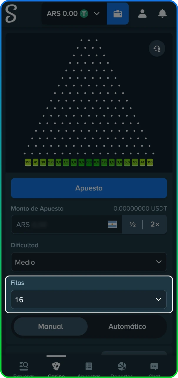 Personalización del tablero de Plinko en el sitio oficial de Stake.