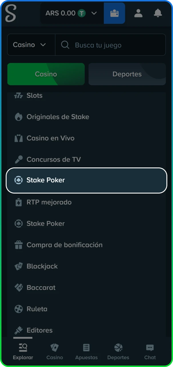 Entrada a la sala principal de torneos y mesas en el sitio oficial de Stake Argentina.