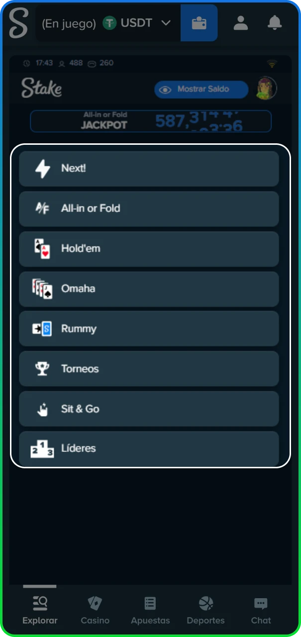 Inicio de las partidas de póker y apuestas en el sitio oficial de Stake.