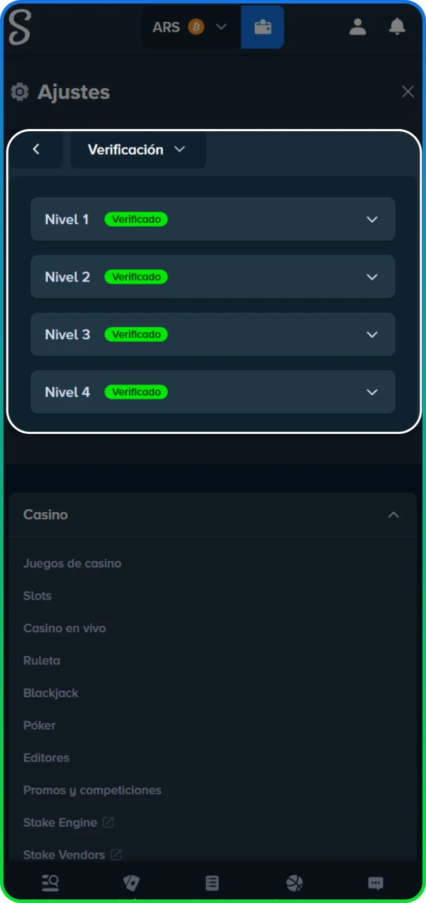 Validación de identidad para seguridad del usuario en el sitio oficial de Stake Argentina.