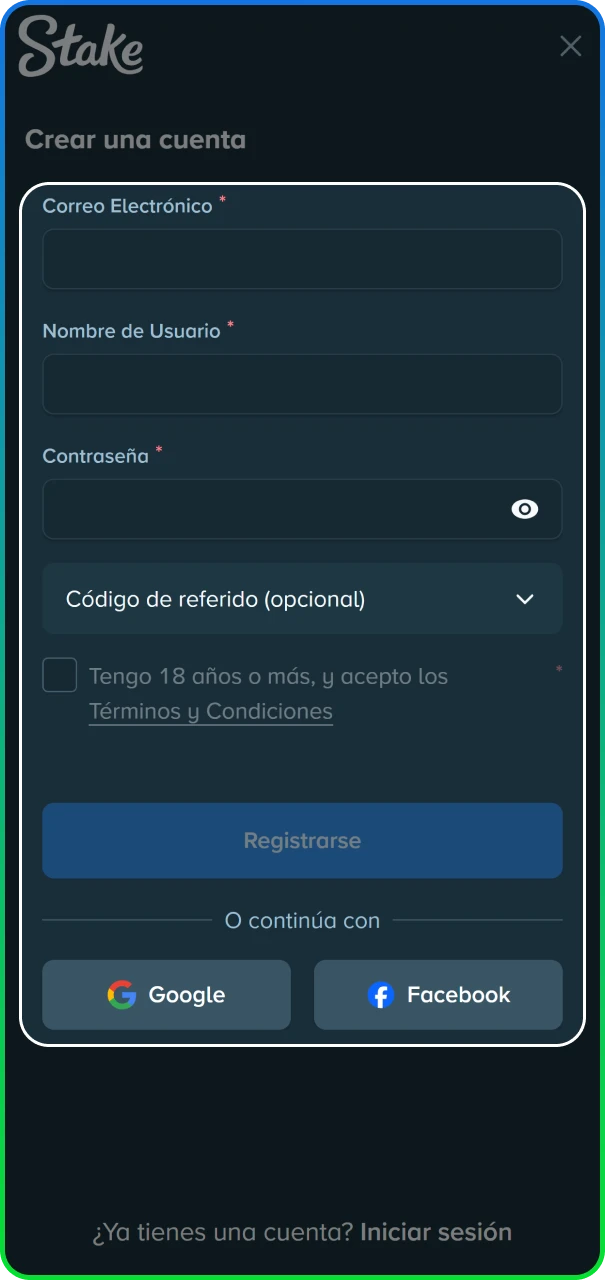 Ingreso de datos de usuario para el registro en el sitio oficial de Stake Argentina.